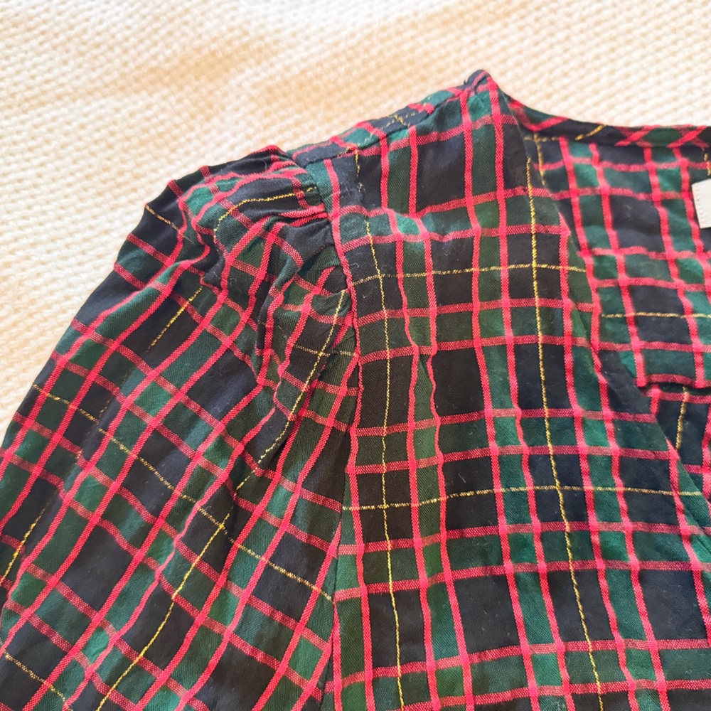 LOFT Black Red Green Gold Plaid V-Neck Blouse Puff Sleeve Top Women’s Shirt - Picture 11 of 16